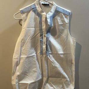 Piazza Sempione White Sleeveless Button Shirt with Navy Stripe Trim